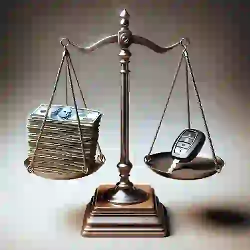 A balanced scale with cash on one side and a car key on the other 501x501