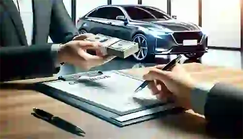 a car title certificate being exchanged for cash 501x286
