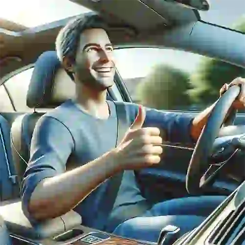 a person happily driving their car with a thumbs up 501x501