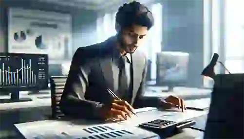 person looking at a financial statement with a calculator and pen in hand