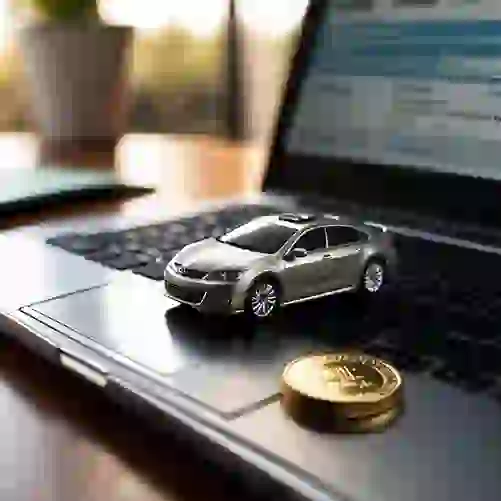 lapto[ online car title loan no store visit and a bitcoin next to a car on the laptop 501x501